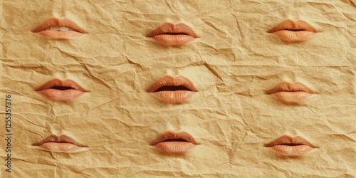 Surreal Lip Collage Disembodied Mouths on Textured Tan Canvas - Modern Art for Avant-Garde Marketing and Innovative Fashion Imagery photo