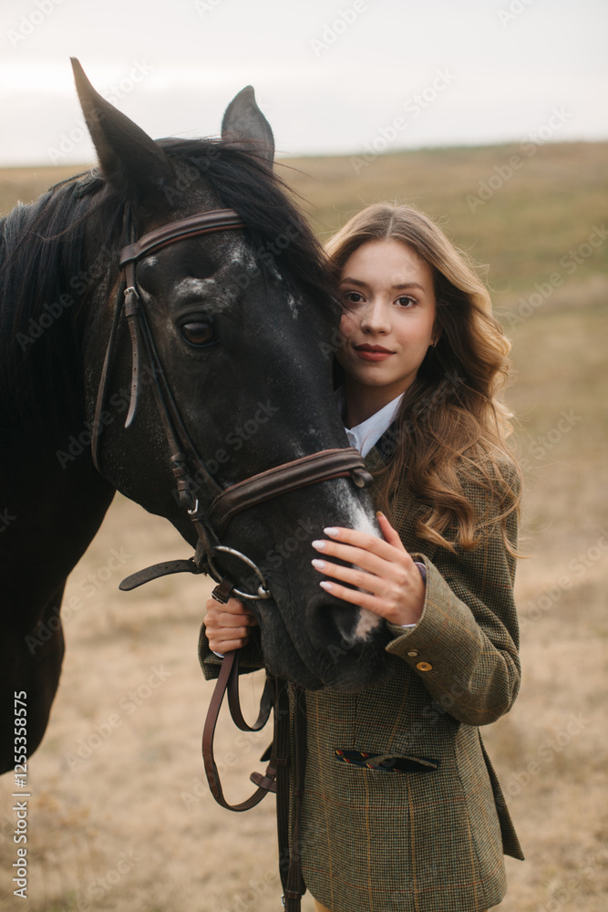 Obraz premium Elegant Woman in Tweed with Black Horse in Countryside Setting