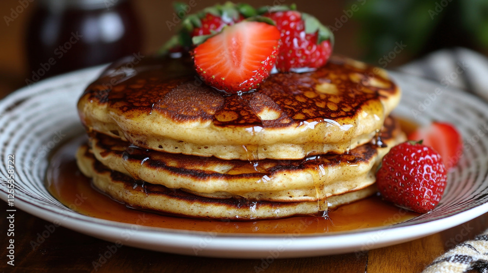 Pancake stack drizzled with maple syrup and topped with fresh strawberries Pancake stack drizzled with maple syrup and topped with fresh strawberries