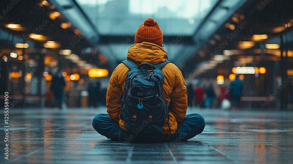 Obraz premium Contemplative solo sitting urban train station photography rainy environment wide angle view solitude and reflection