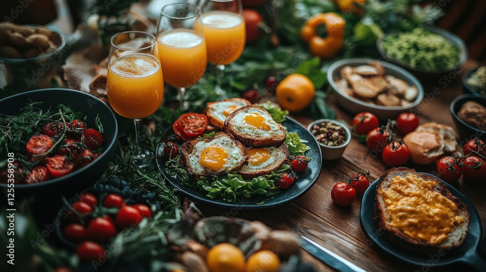 Restaurant brunch scene featuring avocado toast, eggs Benedict, and mimosas Restaurant brunch scene featuring avocado toast, eggs Benedict, and mimosas