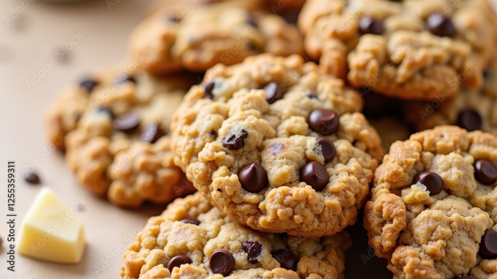 Close-up of an oatmeal cookie dotted with chocolate chips on a warm, light brown surface, accompanied by a smooth dollop of butter on the left Close-up of an oatmeal cookie dotted with chocolate chips on a warm, light brown surface, accompanied by a smooth dollop of butter on the left