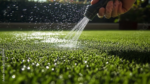 Hand watering bright green artificial grass during sunny day in garden setting