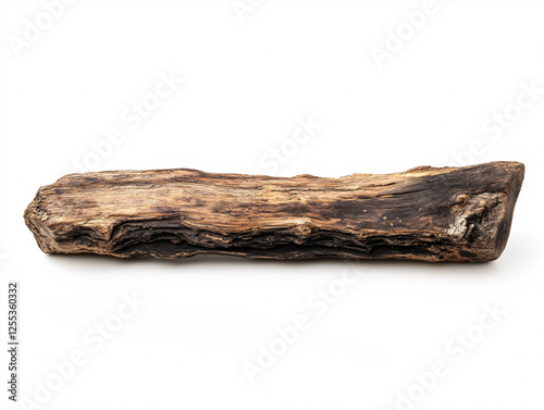 Dried wooden trunk with rough and weathered texture, isolated on white background, ideal for design and material reference photo