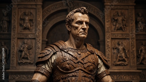 A bold wooden carving of Julius Caesar, depicted in Roman armor with a laurel wreath, holding a sword and scroll, surrounded by symbols of the Roman Empire like eagles and shields.