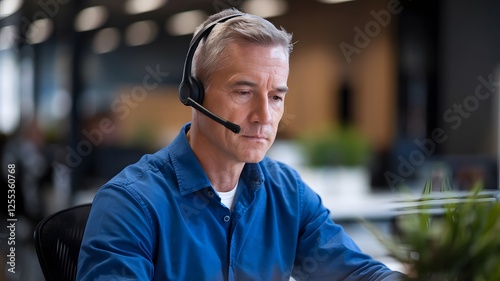 Serious Mature Man Wearing Headset Professional Business Office Worker Concentrated Customer Service Representative Modern Workplace Employee Telecommunications Technology Support Helpdesk Agent Blue 