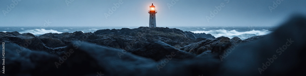Obraz premium Lighthouse on Rocky Coastline During Storm