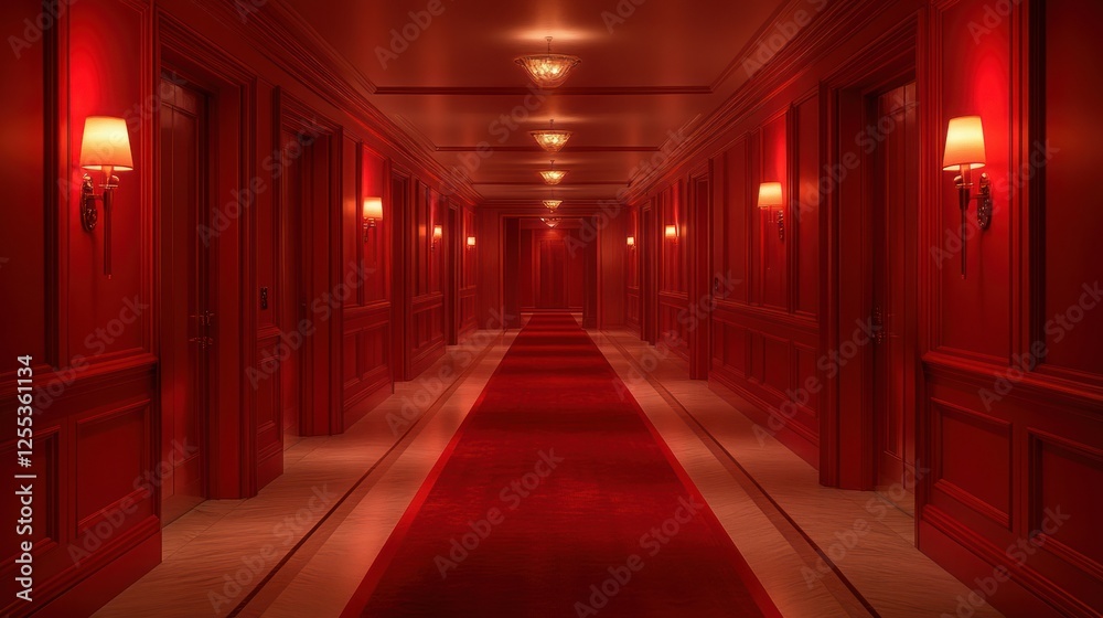 Fototapeta premium Red hotel hallway, luxurious, empty corridor, opulent interior