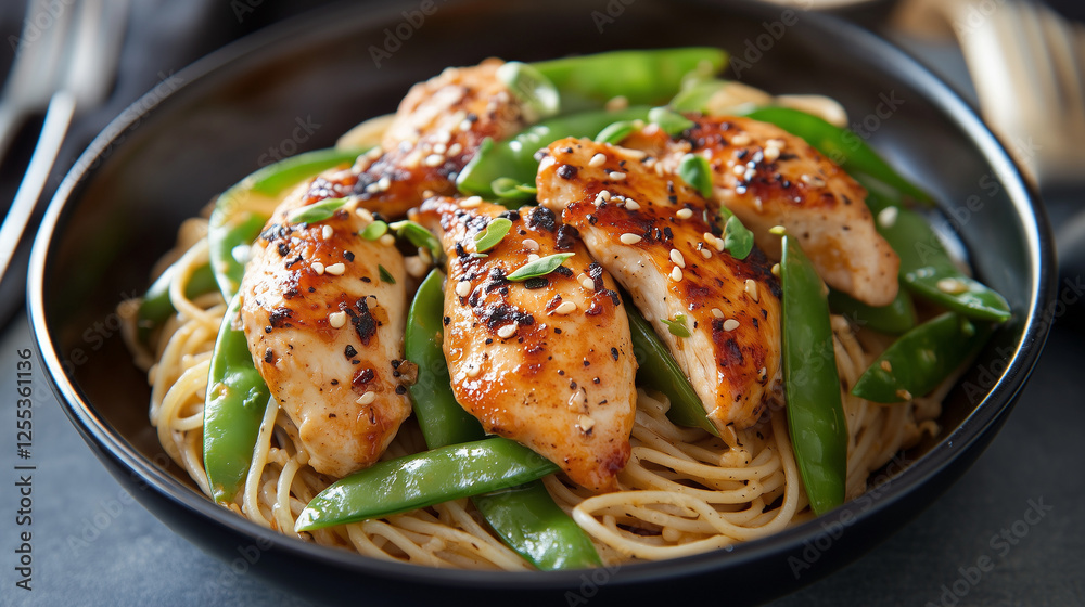 Spicy garlic chicken with pasta and vegetables, food photography Spicy garlic chicken with pasta and vegetables, food photography
