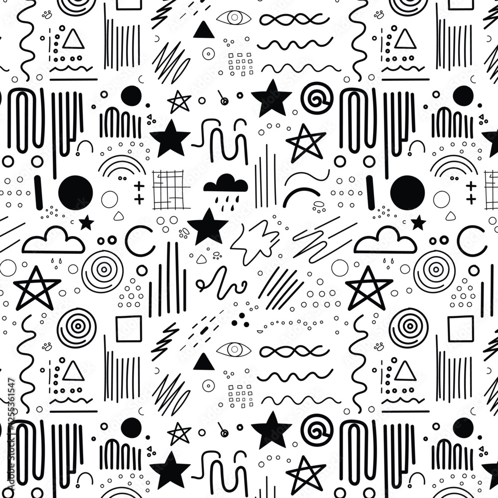 Fototapeta premium Hand-Drawn Doodle Pattern with Abstract Geometric Shapes in Black and White
