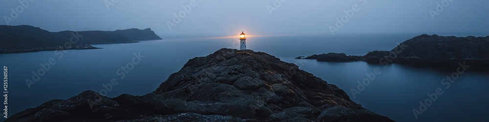 Fototapeta premium Lighthouse on Coastal Outcrop at Dusk
