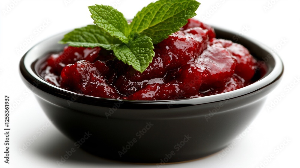 Glossy Cranberry Sauce in a Black Ceramic Bowl Garnished with Fresh Mint Leaves Glossy Cranberry Sauce in a Black Ceramic Bowl Garnished with Fresh Mint Leaves
