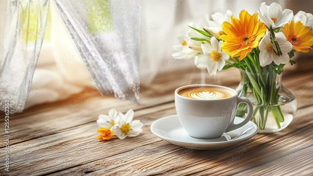 Relaxing morning scene with a cup of latte art coffee and fresh flowers by a sunlit window. Seamless looping 4k time-lapse Relaxing morning scene with a cup of latte art coffee and fresh flowers by a sunlit window. Seamless looping 4k time-lapse