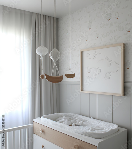 A side view of an empty frame on top of the dresser in a nursery room, with small white clouds and wooden ships hanging from it, and a hot air balloon mobile above it. The wall behind is light 