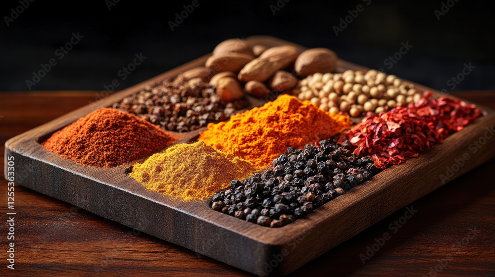 Spices scattered on a wooden board, including turmeric, paprika, and cumin seeds Spices scattered on a wooden board, including turmeric, paprika, and cumin seeds