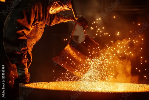 Molten metal poured by foundry worker industrial foundry photography factory environment close-up viewpoint metal casting process