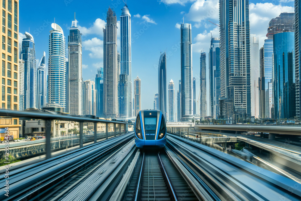 Fototapeta premium Futuristic High-Speed Train Surpassing Urban Landscape with Skyscrapers 