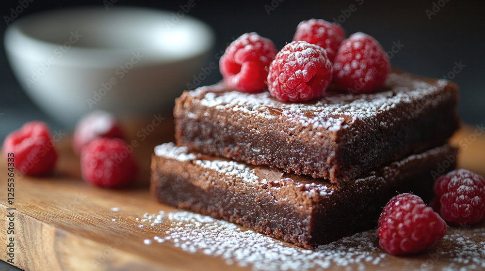 Vegan brownies with a dusting of powdered sugar and fresh raspberries Vegan brownies with a dusting of powdered sugar and fresh raspberries