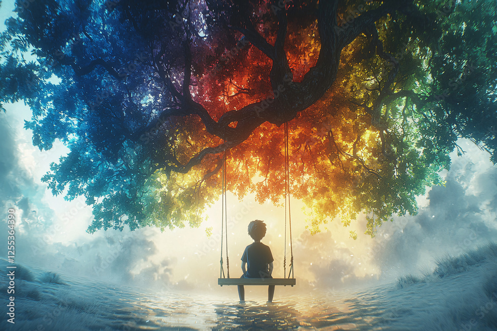 A lone figure sits on a swing beneath a vibrant, multicolored tree, its roots seemingly submerged in shimmering water.. A lone figure sits on a swing beneath a vibrant, multicolored tree, its roots seemingly submerged in shimmering water..