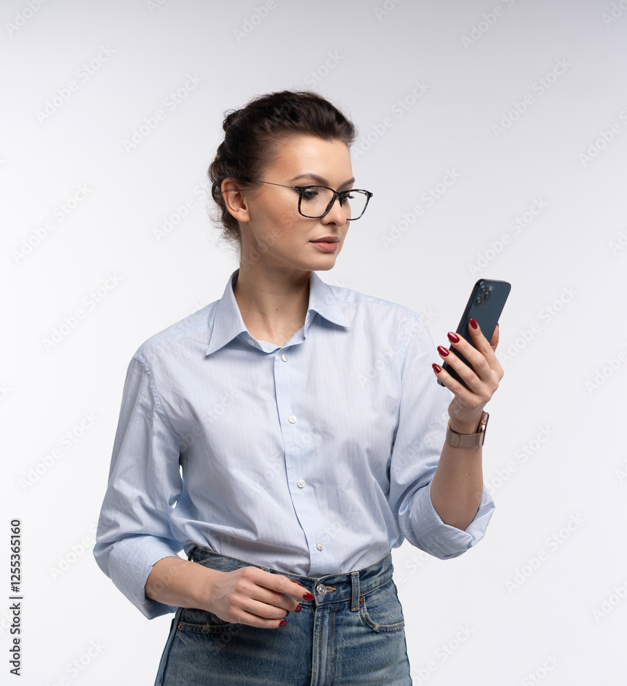 Smiling business woman in eyeglasses holding smartphone and using over white Smiling business woman in eyeglasses holding smartphone and using over white