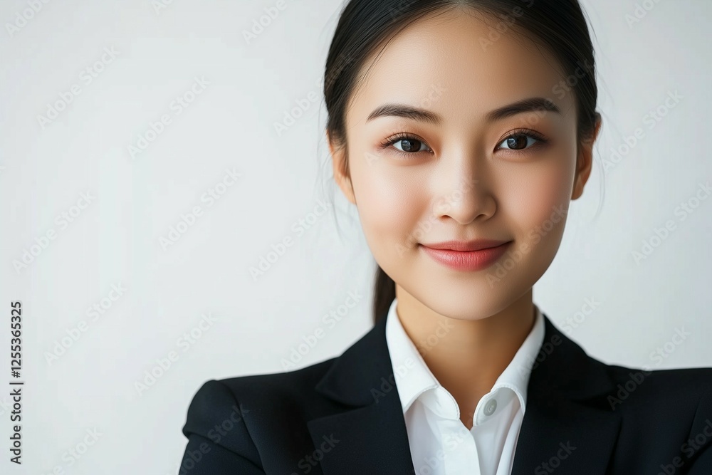 A young beautiful woman in a suit, smiling and looking at the camera, is isolated on a white background A young beautiful woman in a suit, smiling and looking at the camera, is isolated on a white background