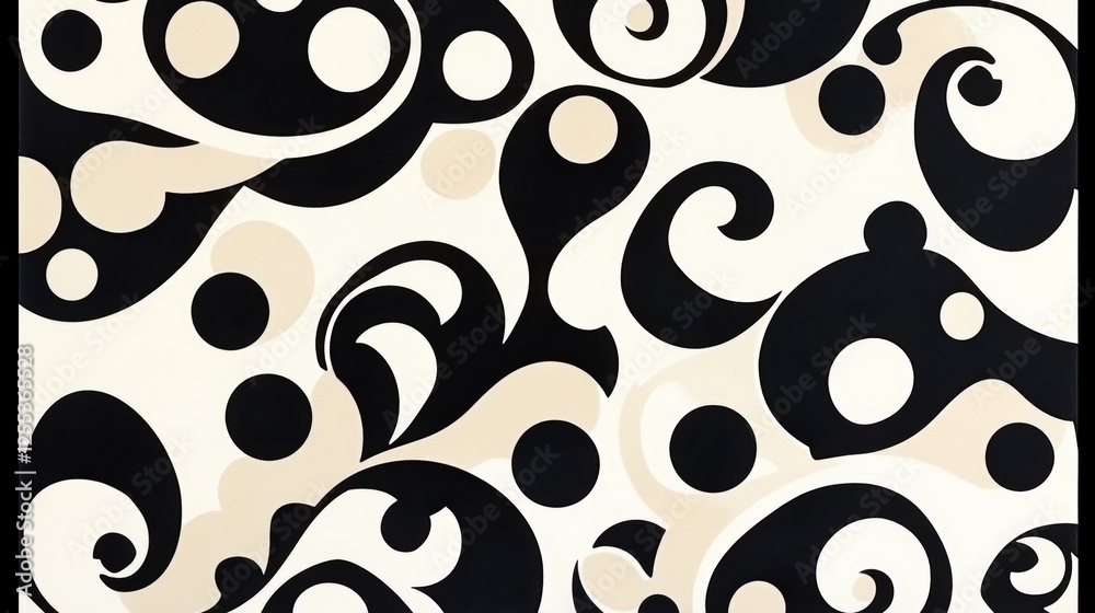 Fototapeta premium Abstract Shapes Black and Beige Retro Pattern With Circles and Spirals Design Seamless Texture