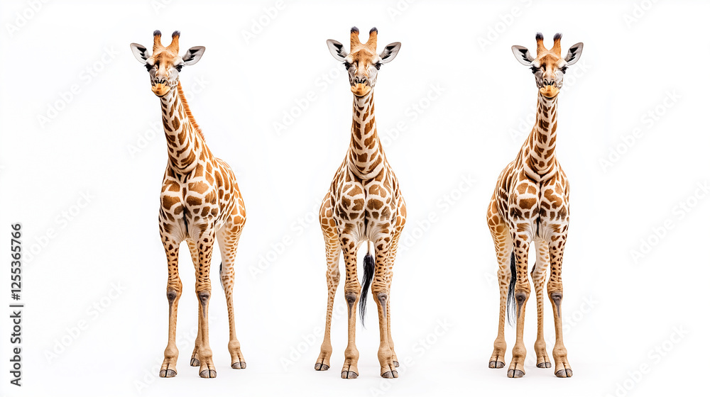 Obraz premium Three striking giraffes stand tall with their iconic patterned coats against a white background. Elegance in a minimalist scene.