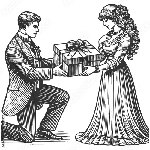 couple, dressed formally, exchanging a wrapped gift, symbolizing love and celebration sketch engraving generative ai vector illustration. Scratch board imitation. Black and white image.