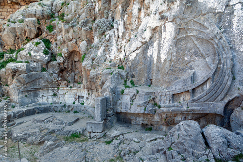 Photography Ancient rock-cut relief of a ship at the Acropolis of Lindos, Rhodes, Greece, a remarkable example of Hellenistic maritime history carved into stone
