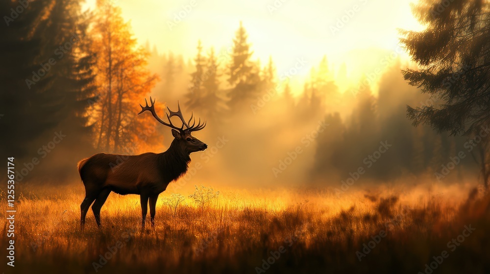 A graceful deer standing in a foggy meadow at dawn, the sunlight filtering through the trees A graceful deer standing in a foggy meadow at dawn, the sunlight filtering through the trees
