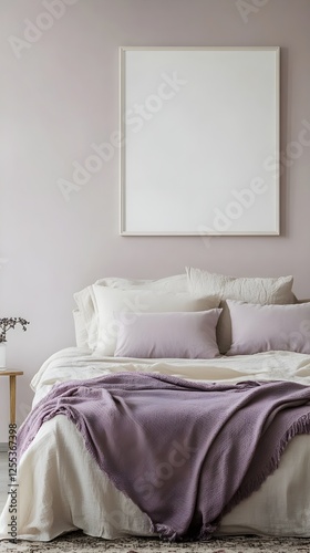 A serene lilac-themed bedroom with neutral decor and a framed white canvas above the headboard.