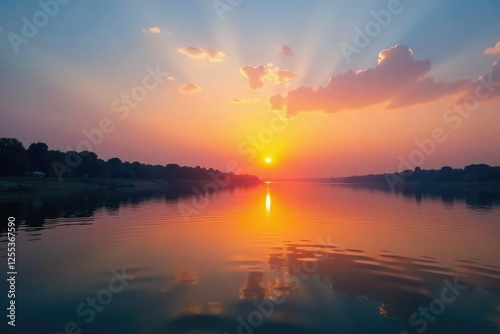 Reflections on the calm waters of the Ganges at sunset, horizon, water, serene