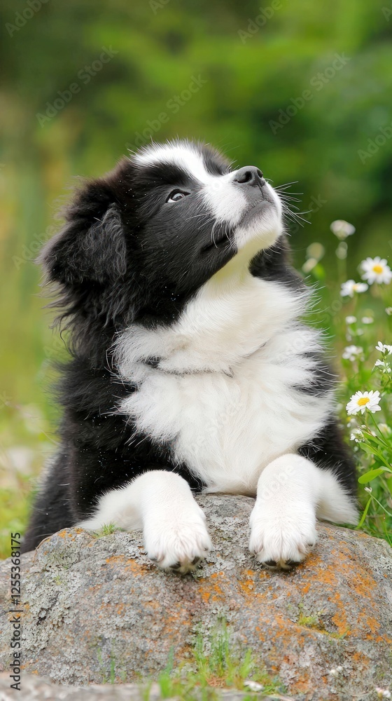 Adorable Black And White Puppy Shaking Water Joyfully Outdoors Adorable Black And White Puppy Shaking Water Joyfully Outdoors