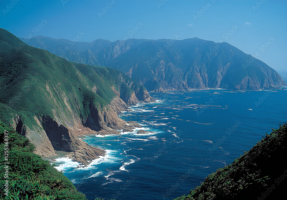 Fototapeta premium Aerial view of the coast and islands near ลshima in Japan, featuring rugged cliffs and pristine beaches. The ocean is turquoise with gentle waves breaking on rocky shores surrounded by lush 
