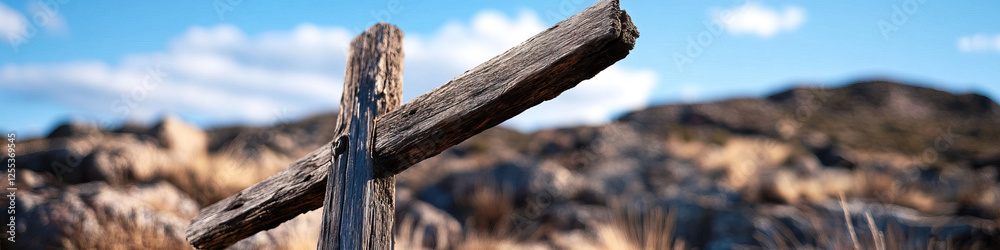 Weathered Wooden Cross in Desert Landscape Weathered Wooden Cross in Desert Landscape