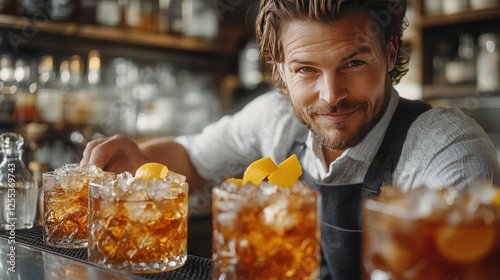 Fototapeta Naklejka Na Ścianę i Meble -  Bartender preparing an Old Fashioned with a citrus peel and a splash of bitters