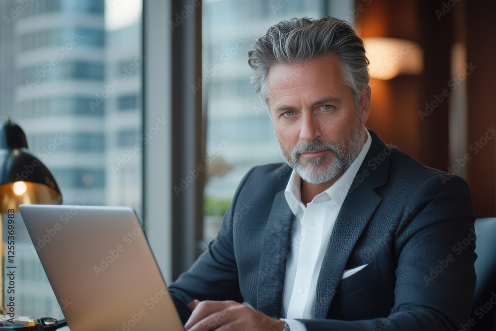 middle-aged businessman working on laptop at office