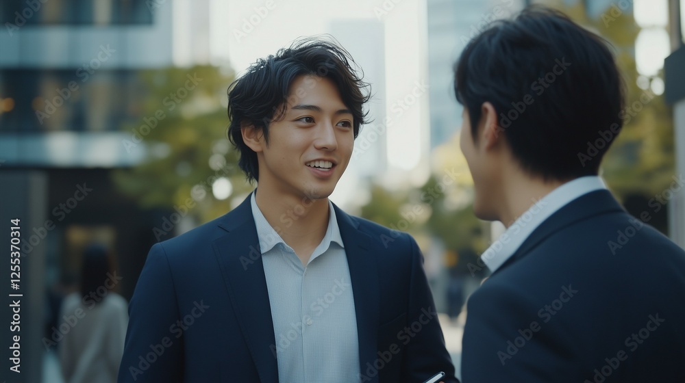 business people are talking to each other on the street near an office building during a work break business people are talking to each other on the street near an office building during a work break