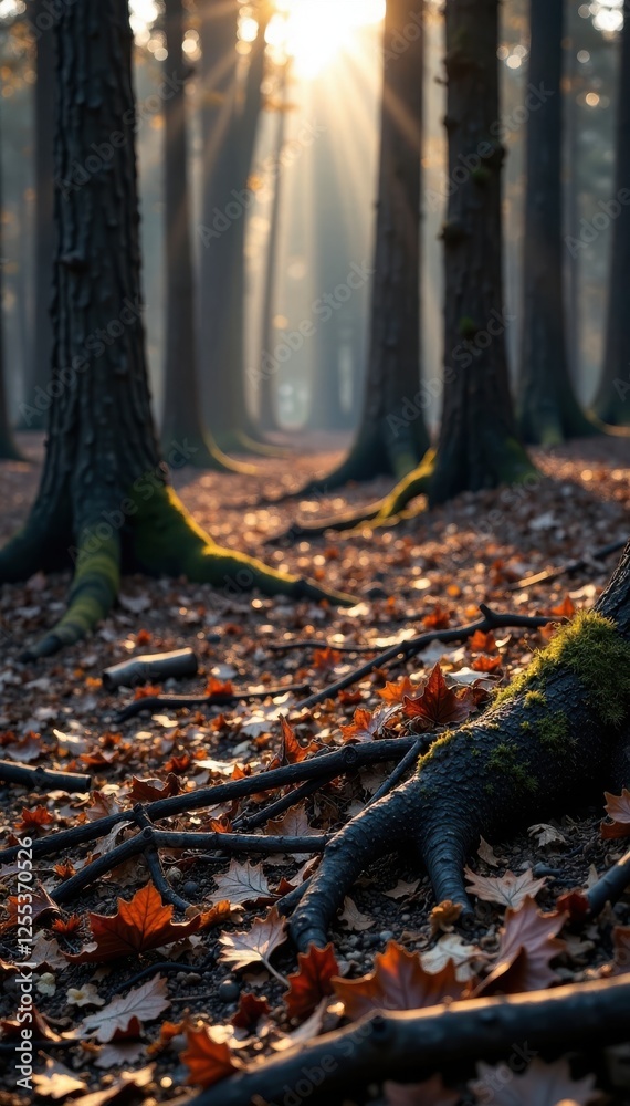 Burnt and charred branches on the forest floor, trees, dry, woods Burnt and charred branches on the forest floor, trees, dry, woods