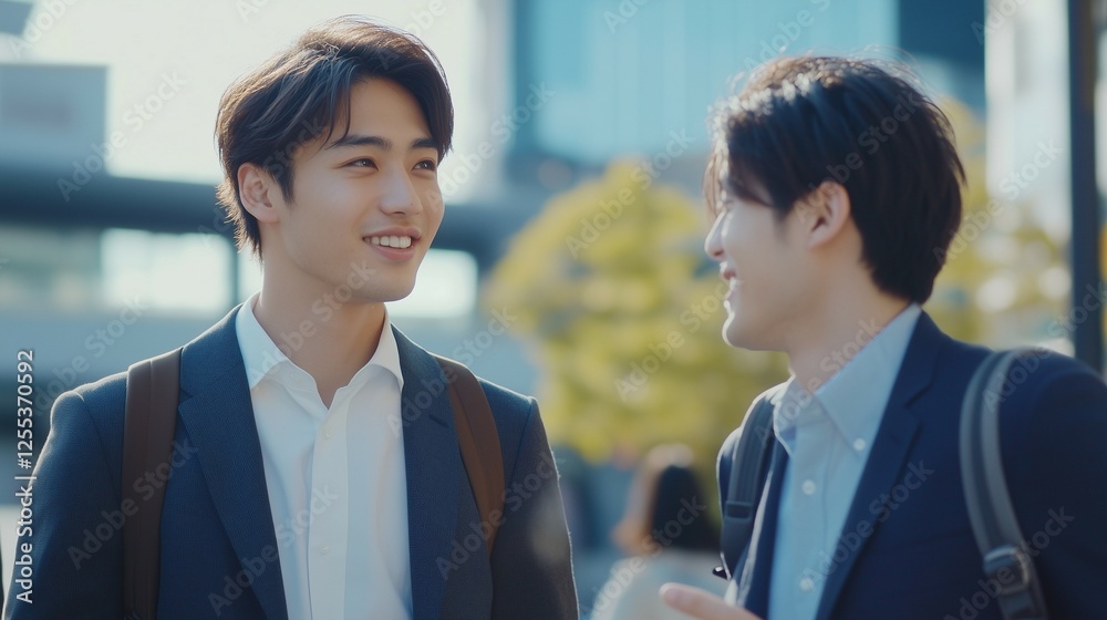 business people are talking to each other on the street near an office building during a work break business people are talking to each other on the street near an office building during a work break