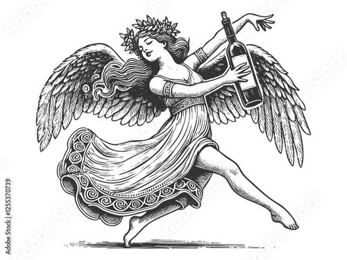 graceful angel with flowing robes and large wings, joyfully holding a bottle of wine while dancing sketch engraving generative ai vector illustration. Scratch board imitation. Black and white image.