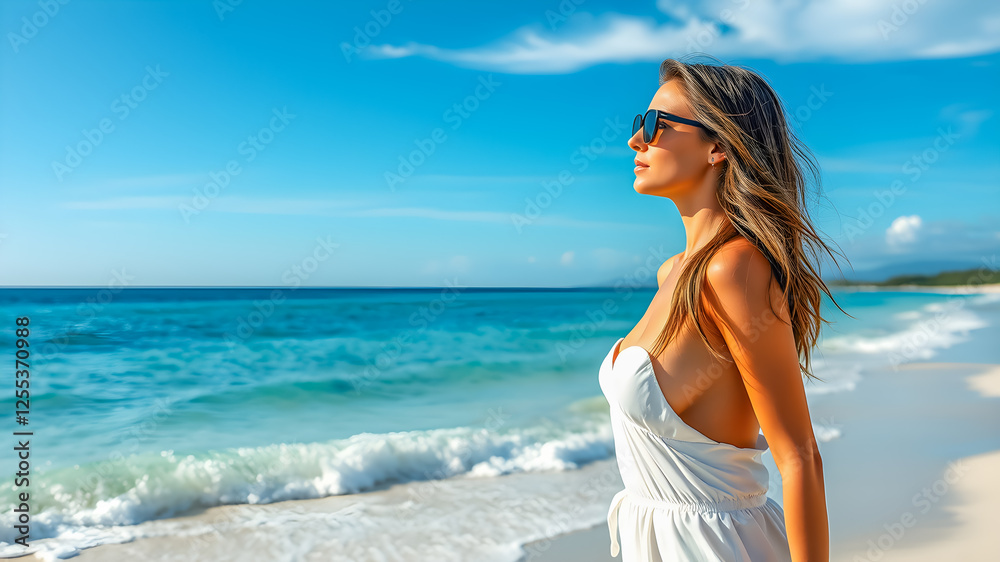 Summer beach pattern vacation concept. Young woman with sunglasses relaxing enjoying looking view of beach ocean on hot summer day. Tropical holidays sea sand sky view, serene model sexy dress freedom Summer beach pattern vacation concept. Young woman with sunglasses relaxing enjoying looking view of beach ocean on hot summer day. Tropical holidays sea sand sky view, serene model sexy dress freedom