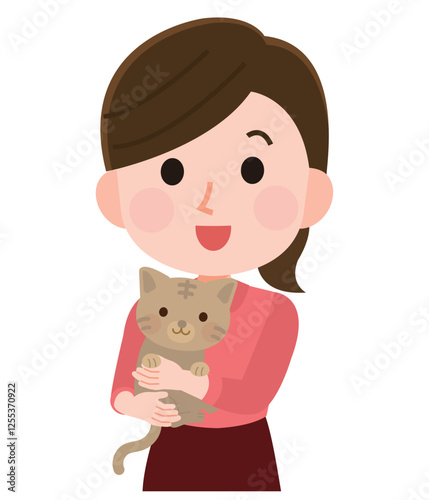 猫を抱く女性　イラスト