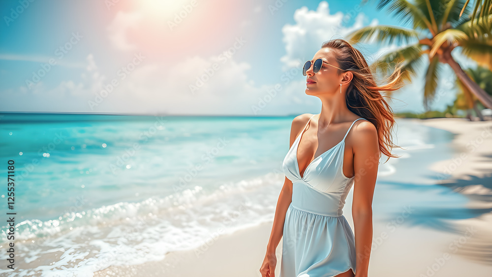 Summer beach pattern vacation concept. Young woman with sunglasses relaxing enjoying looking view of beach ocean on hot summer day. Tropical holidays sea sand sky view, serene model sexy dress freedom Summer beach pattern vacation concept. Young woman with sunglasses relaxing enjoying looking view of beach ocean on hot summer day. Tropical holidays sea sand sky view, serene model sexy dress freedom