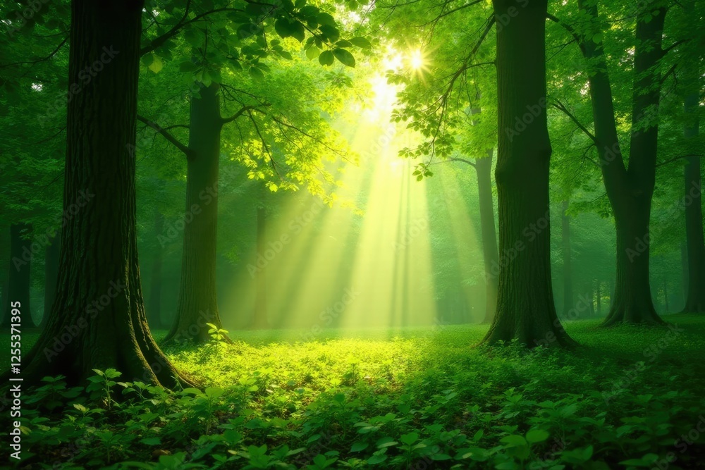 Obraz premium Soft sunlight filtering through a forest canopy, calm, serenity, greenery