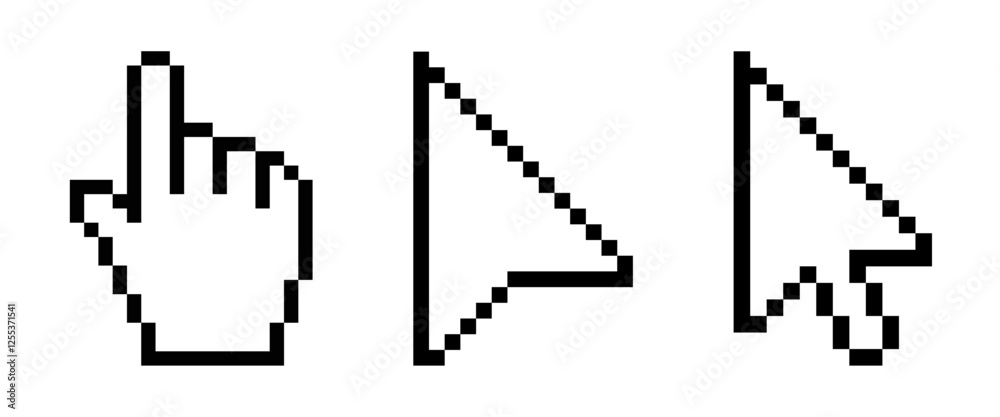 Pixel computer mouse click cursor icon set clip art hand click pointer symbols, classic retro pixelated cursor signs, 8-bit video game symbols isolated on white background — vector illustration. Pixel computer mouse click cursor icon set clip art hand click pointer symbols, classic retro pixelated cursor signs, 8-bit video game symbols isolated on white background — vector illustration.