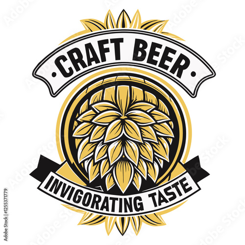 Round craft beer logo showcasing a prominent hop cone nestled within a wooden barrel, accompanied by a banner proclaiming invigorating taste, ideal for breweries, pubs, and beer enthusiasts