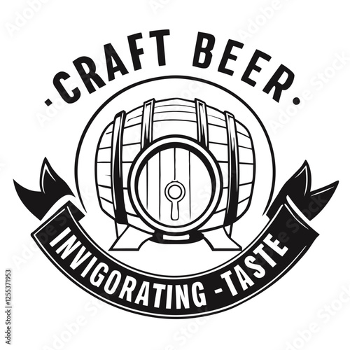 Round craft beer logo showcasing a wooden barrel with metal hoops and a ribbon banner proclaiming invigorating taste in a bold, vintage inspired design