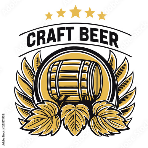 Craft beer logo presenting a wooden barrel surrounded by hops leaves with stylized wings and topped by five golden stars and a ribbon with the inscription craft beer