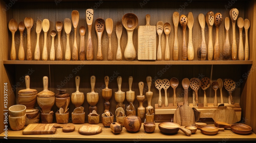 A display of artisanal wooden kitchen utensils, including spoons, rolling pins, and cutting boards. A display of artisanal wooden kitchen utensils, including spoons, rolling pins, and cutting boards.
